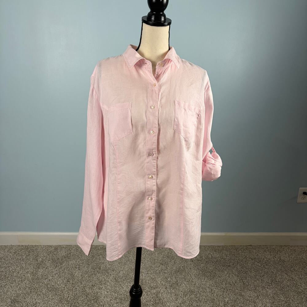 Linen Pink Women's Size 16 tailored button down Coastal Vacation Old money Clean